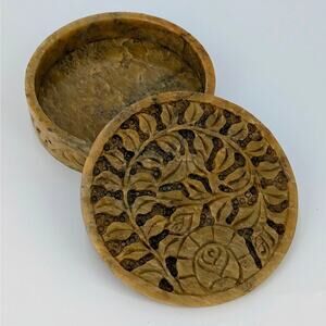 Carved Soapstone Box Rose Floral Motif VTG Round 5" Jewelry Trinket Stone Box